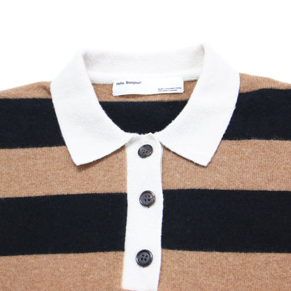 21秋冬 襟付き ボーダー ラガーニット / Cashmer rugger Knit プルオーバー 長袖 ワイド カシミヤ