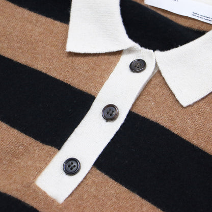 21秋冬 襟付き ボーダー ラガーニット / Cashmer rugger Knit プルオーバー 長袖 ワイド カシミヤ