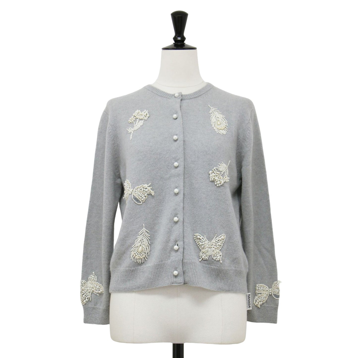 ビーズ 刺繍 カシミヤ カーディガン / ニット 長袖 クルーネック パール リボン バタフライ ブーケ