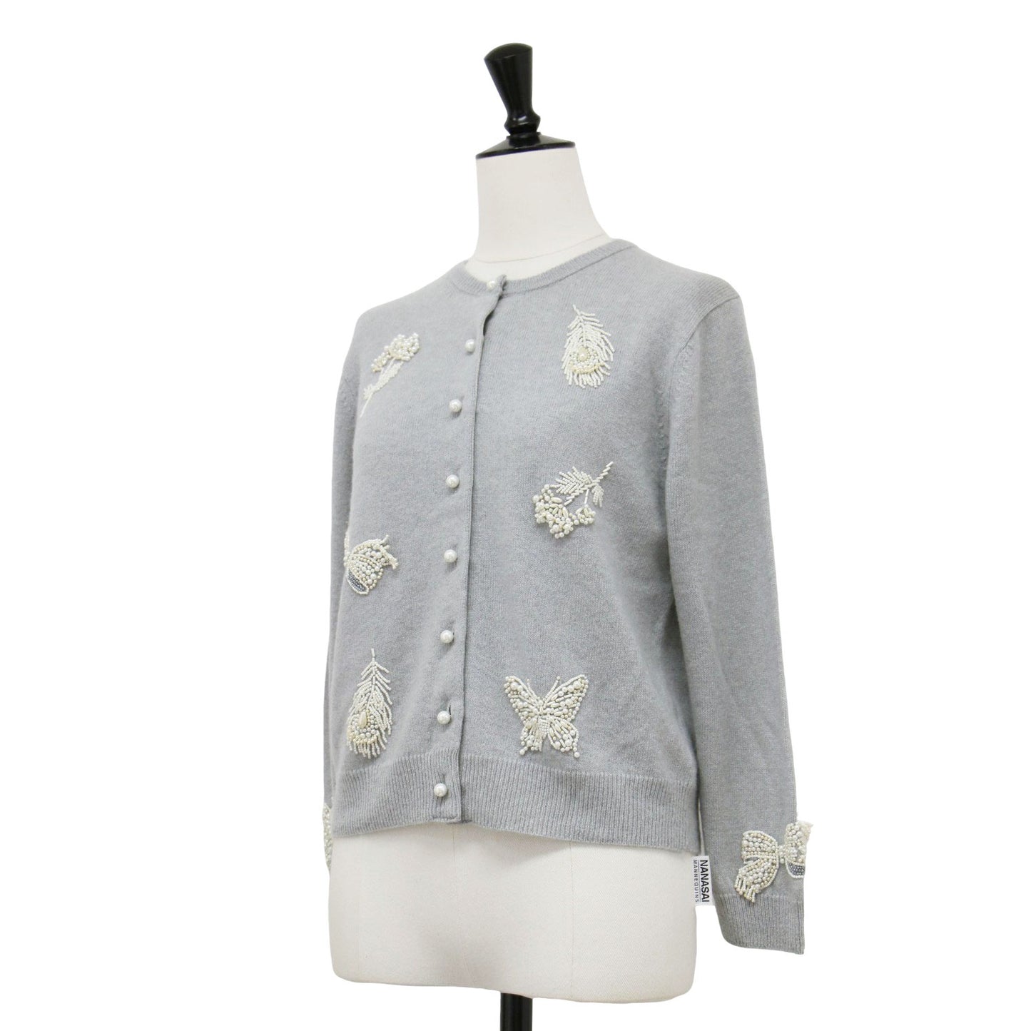 ビーズ 刺繍 カシミヤ カーディガン / ニット 長袖 クルーネック パール リボン バタフライ ブーケ