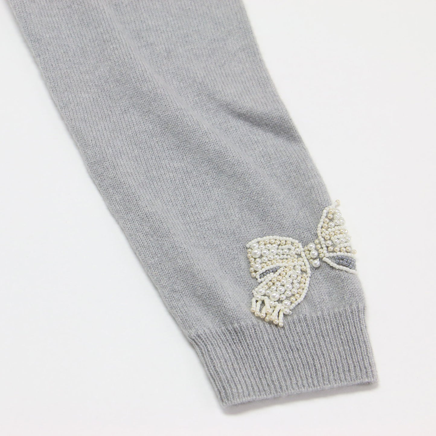 ビーズ 刺繍 カシミヤ カーディガン / ニット 長袖 クルーネック パール リボン バタフライ ブーケ