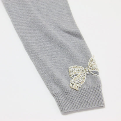 ビーズ 刺繍 カシミヤ カーディガン / ニット 長袖 クルーネック パール リボン バタフライ ブーケ