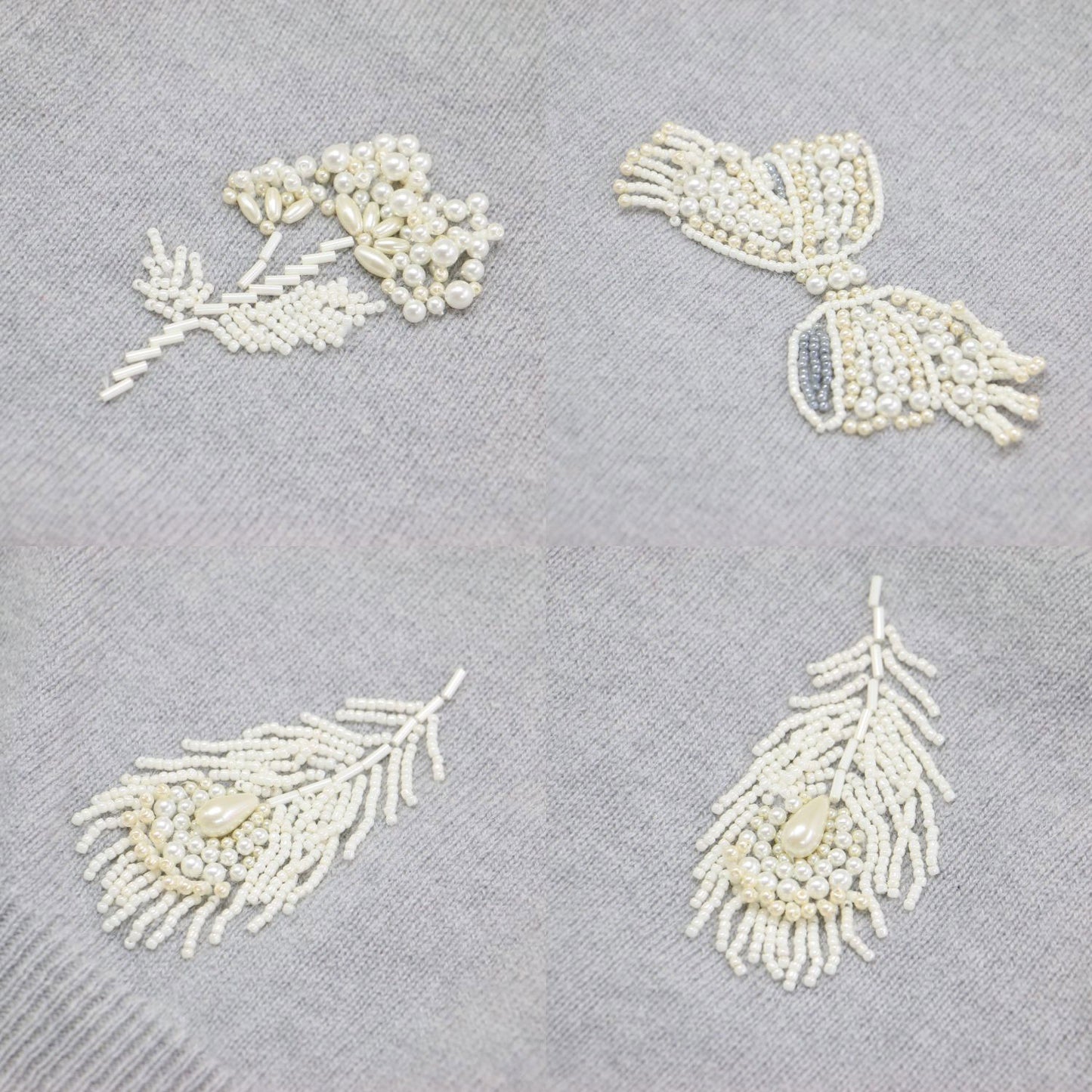 ビーズ 刺繍 カシミヤ カーディガン / ニット 長袖 クルーネック パール リボン バタフライ ブーケ