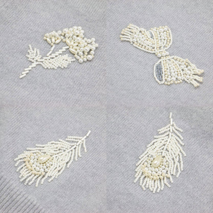 ビーズ 刺繍 カシミヤ カーディガン / ニット 長袖 クルーネック パール リボン バタフライ ブーケ