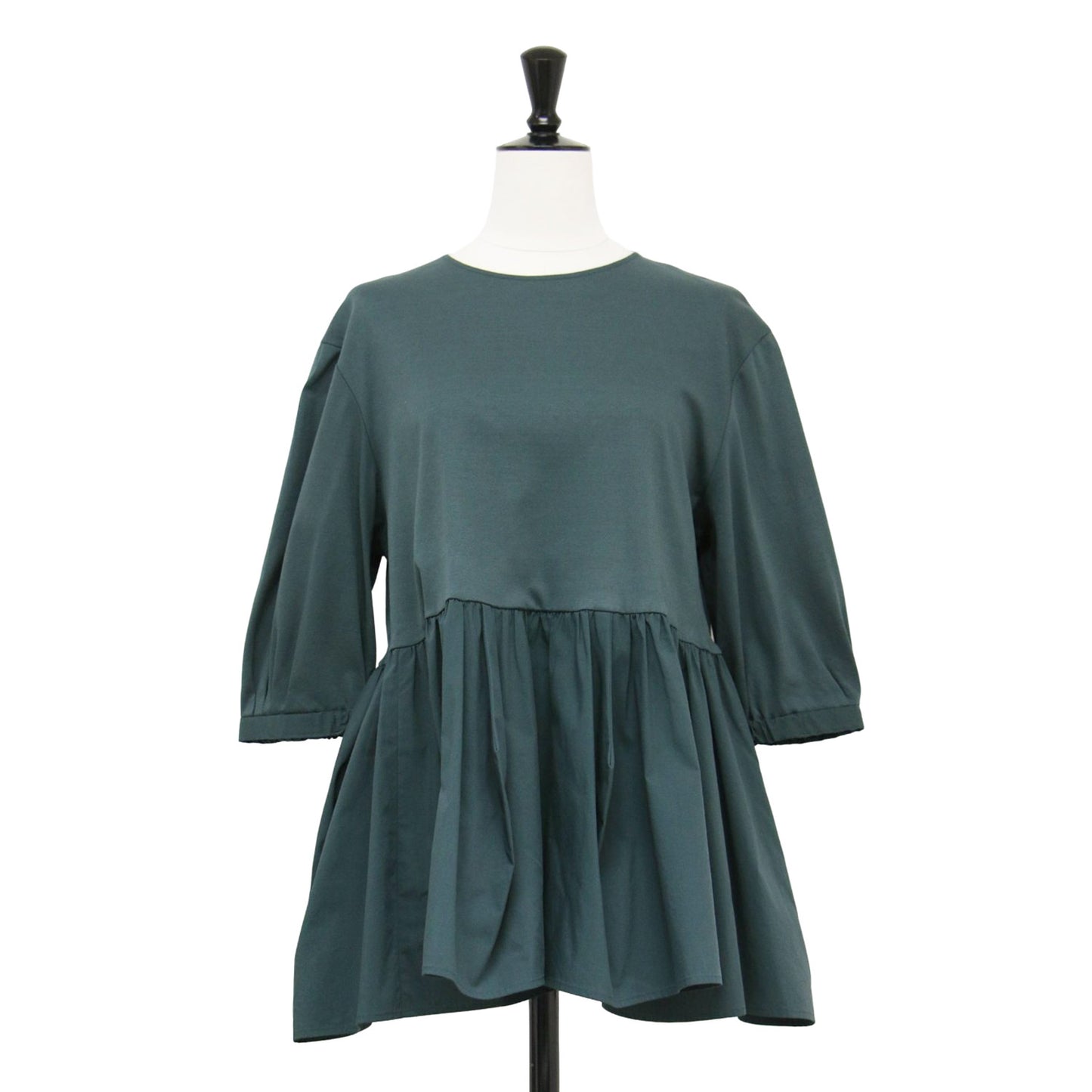 25春夏 ランダムフリル ジャージー ペプラム カットソー / プルオーバー 5分袖 クルーネック フレア タック ギャザー コットン