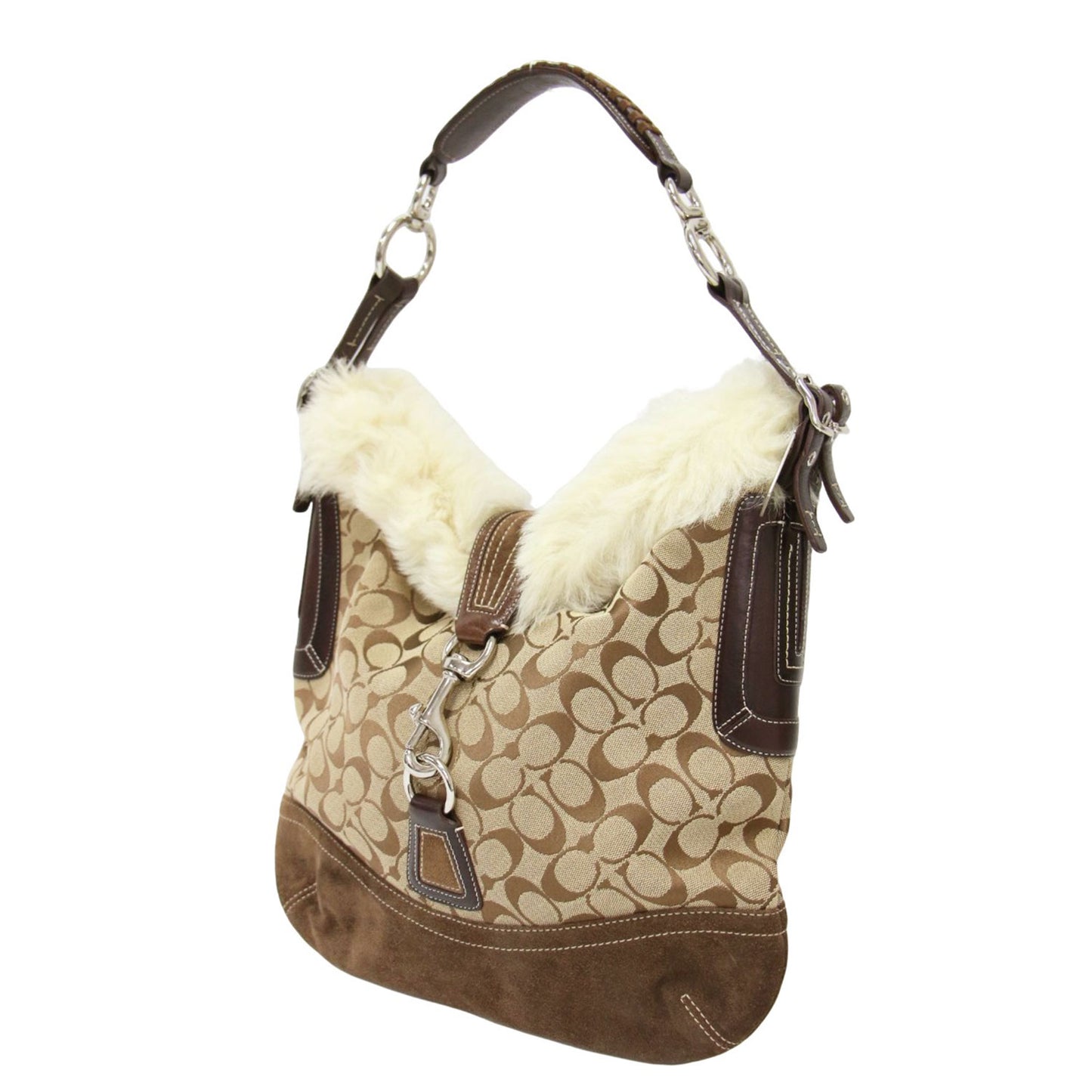 ファー付き シグネチャー ショルダー バッグ / ワンハンドル 肩掛け キャンバス レザー スエード