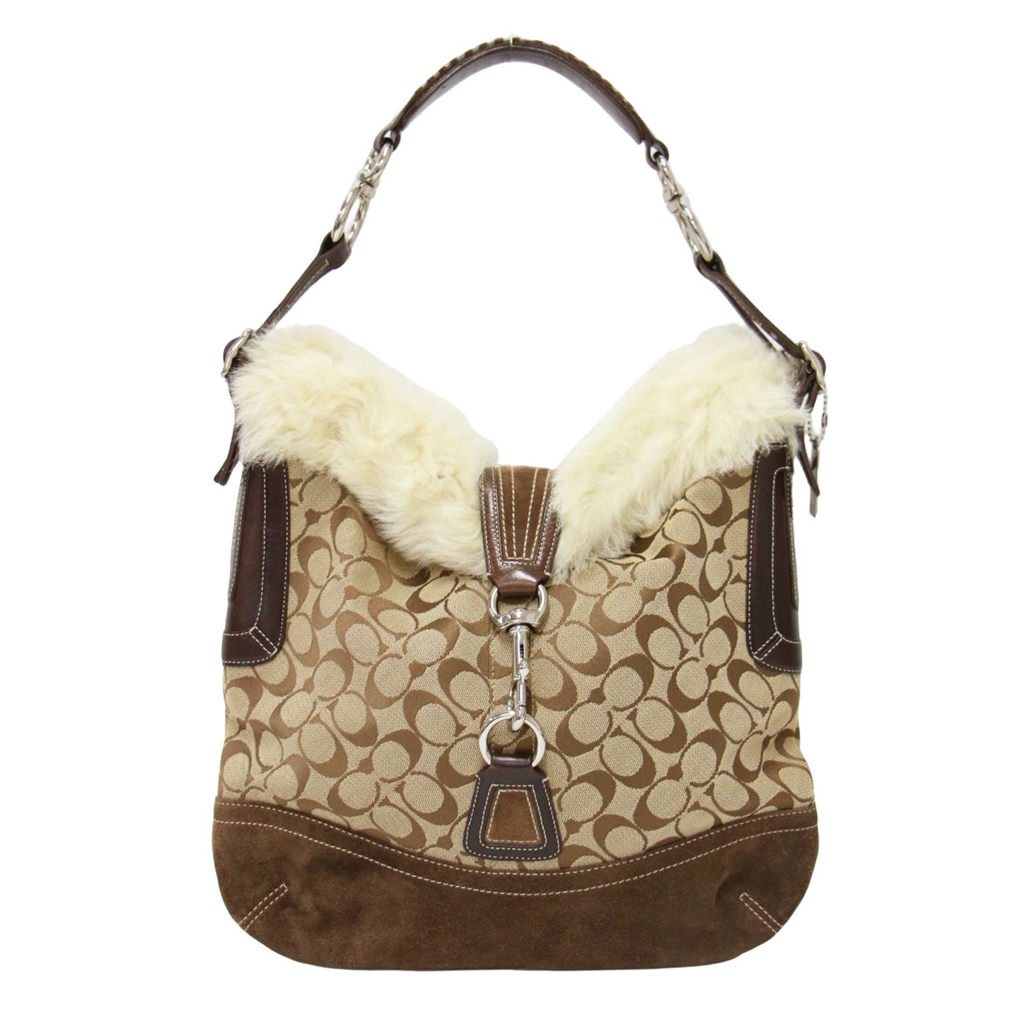 ファー付き シグネチャー ショルダー バッグ / ワンハンドル 肩掛け キャンバス レザー スエード