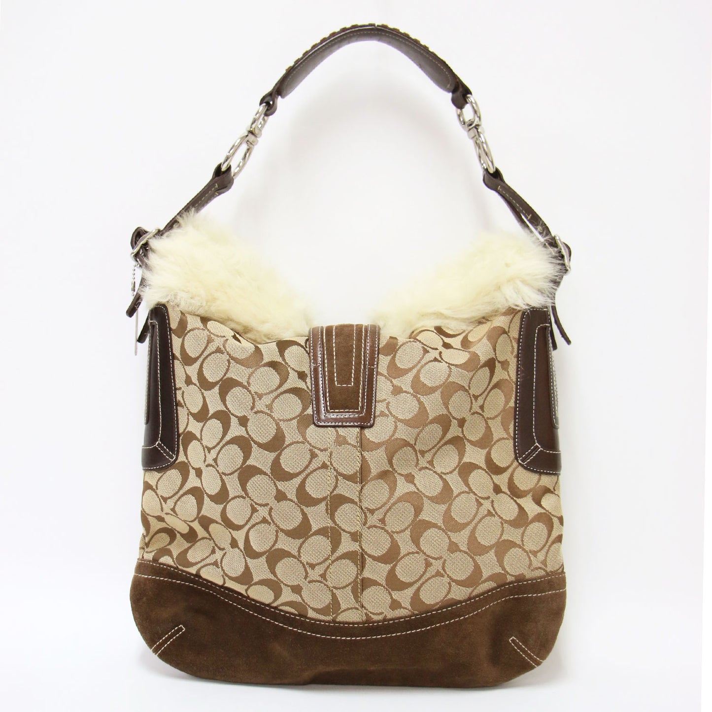 ファー付き シグネチャー ショルダー バッグ / ワンハンドル 肩掛け キャンバス レザー スエード