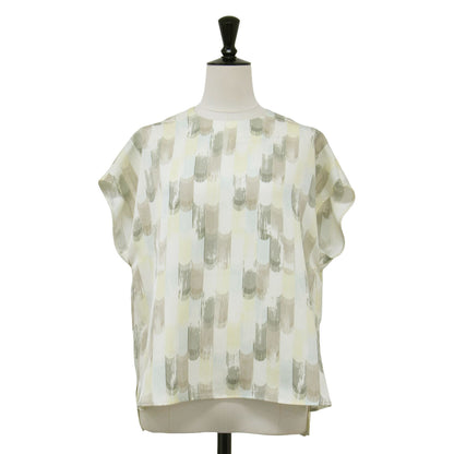 24秋冬 総柄 フレンチスリーブ ブラウス / Abstract Mist Print Emmeline ノースリーブ クルーネック ワイド スリット