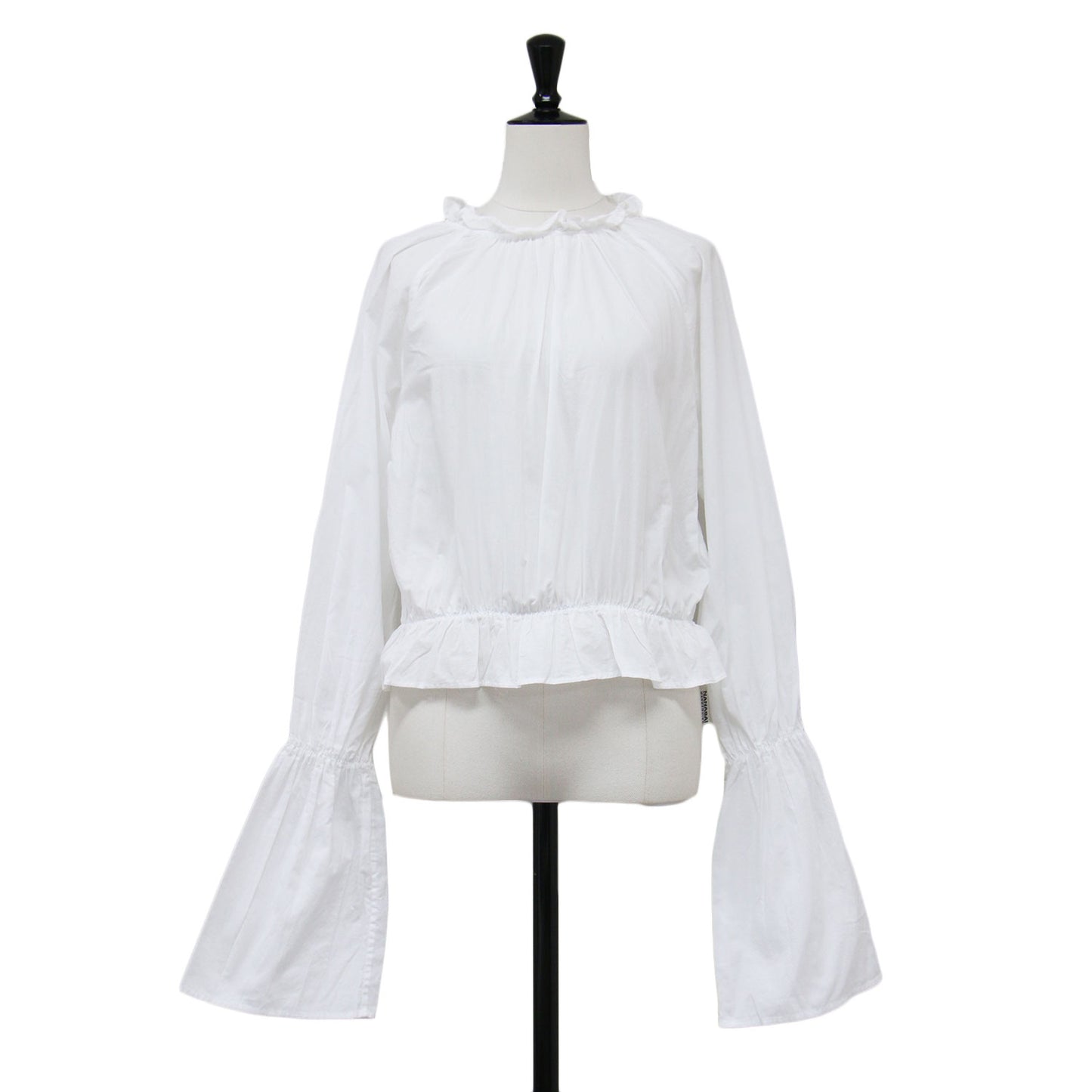 22春夏 キャンディスリーブブラウス / プルオーバー シャツ ショート丈 ギャザーネック 長袖 バックボタン コットン ウォッシャブル