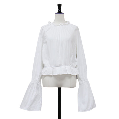 22春夏 キャンディスリーブブラウス / プルオーバー シャツ ショート丈 ギャザーネック 長袖 バックボタン コットン ウォッシャブル