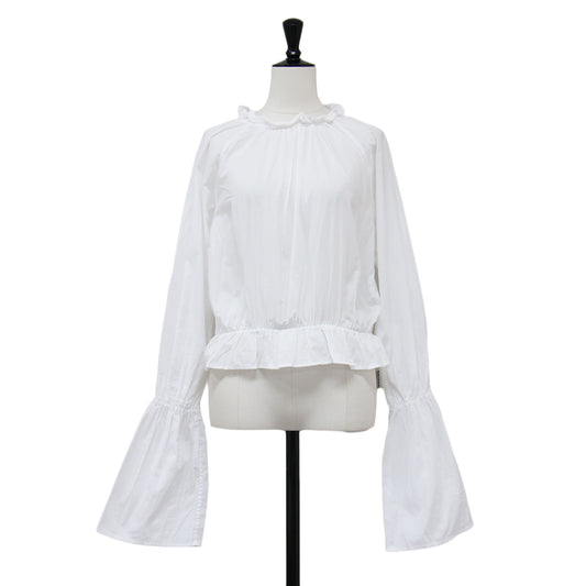 22春夏 キャンディスリーブブラウス / プルオーバー シャツ ショート丈 ギャザーネック 長袖 バックボタン コットン ウォッシャブル