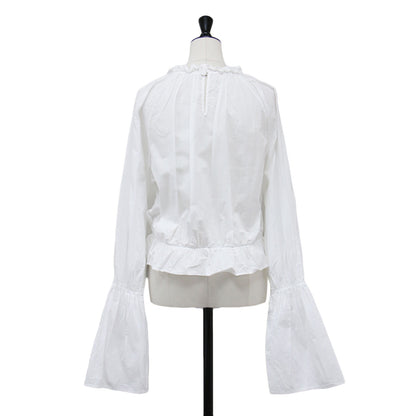 22春夏 キャンディスリーブブラウス / プルオーバー シャツ ショート丈 ギャザーネック 長袖 バックボタン コットン ウォッシャブル