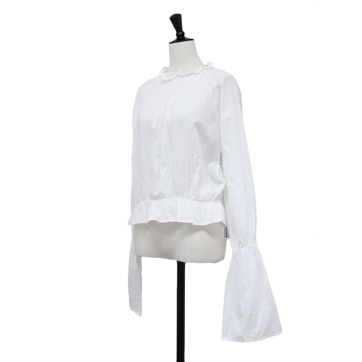 22春夏 キャンディスリーブブラウス / プルオーバー シャツ ショート丈 ギャザーネック 長袖 バックボタン コットン ウォッシャブル