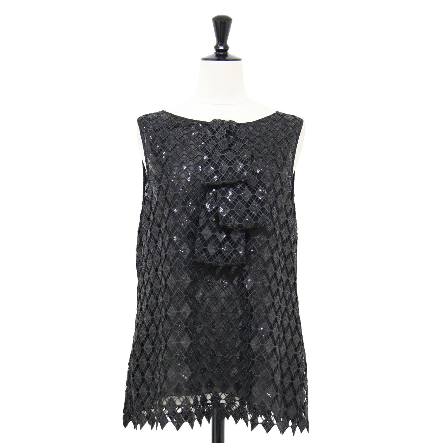 スパンコール ノースリーブ ブラウス / プルオーバー ダイヤモチーフ Aライン 刺繍 シアー