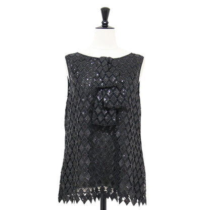 スパンコール ノースリーブ ブラウス / プルオーバー ダイヤモチーフ Aライン 刺繍 シアー