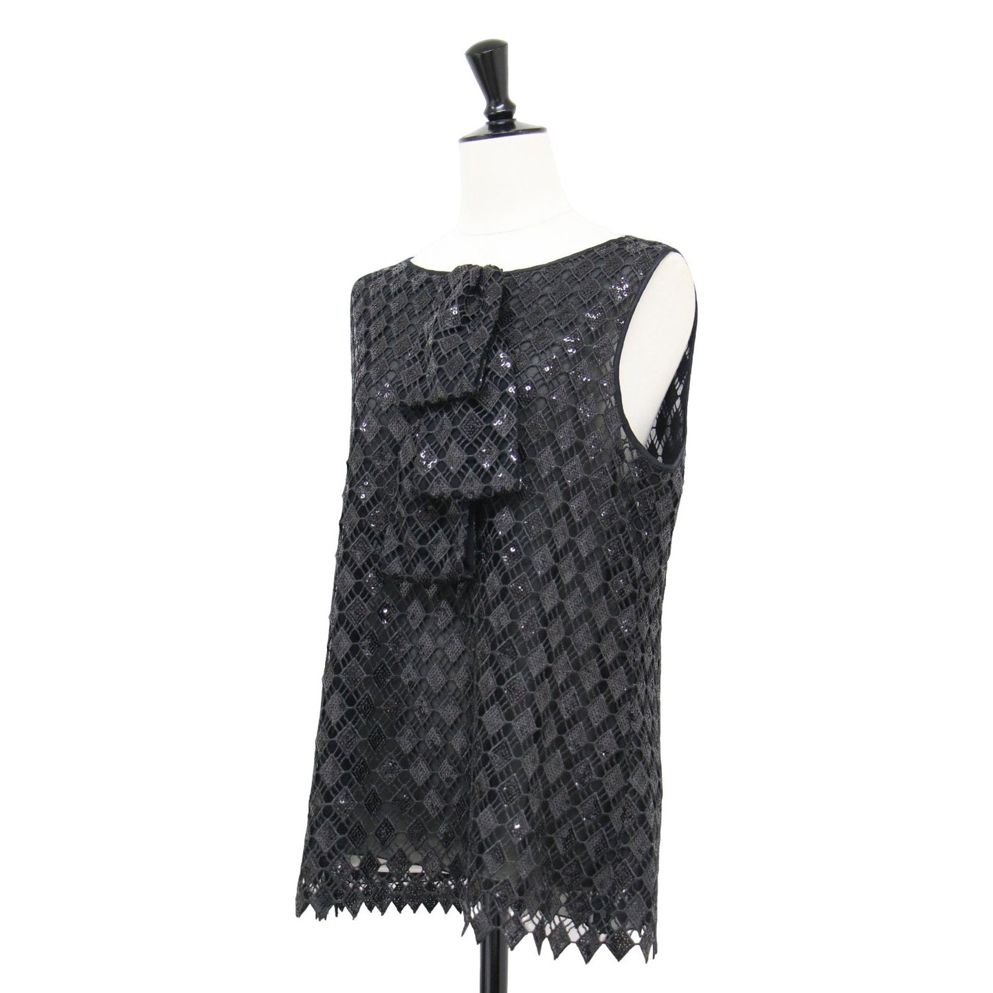 スパンコール ノースリーブ ブラウス / プルオーバー ダイヤモチーフ Aライン 刺繍 シアー