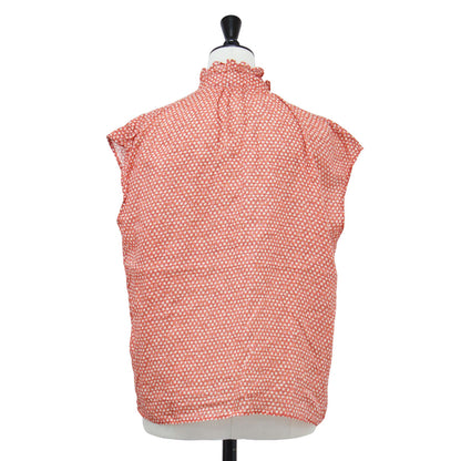 24春夏 コットン ラミープリント フリルネック ブラウス / シャツ ノースリーブ ハイネック 比翼ボタン リネン