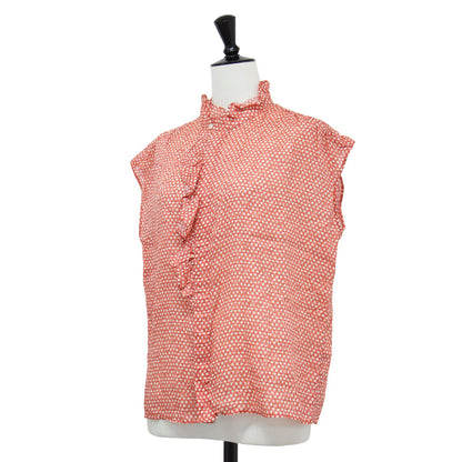 24春夏 コットン ラミープリント フリルネック ブラウス / シャツ ノースリーブ ハイネック 比翼ボタン リネン