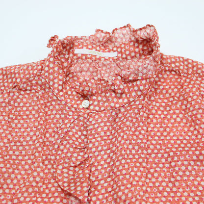 24春夏 コットン ラミープリント フリルネック ブラウス / シャツ ノースリーブ ハイネック 比翼ボタン リネン