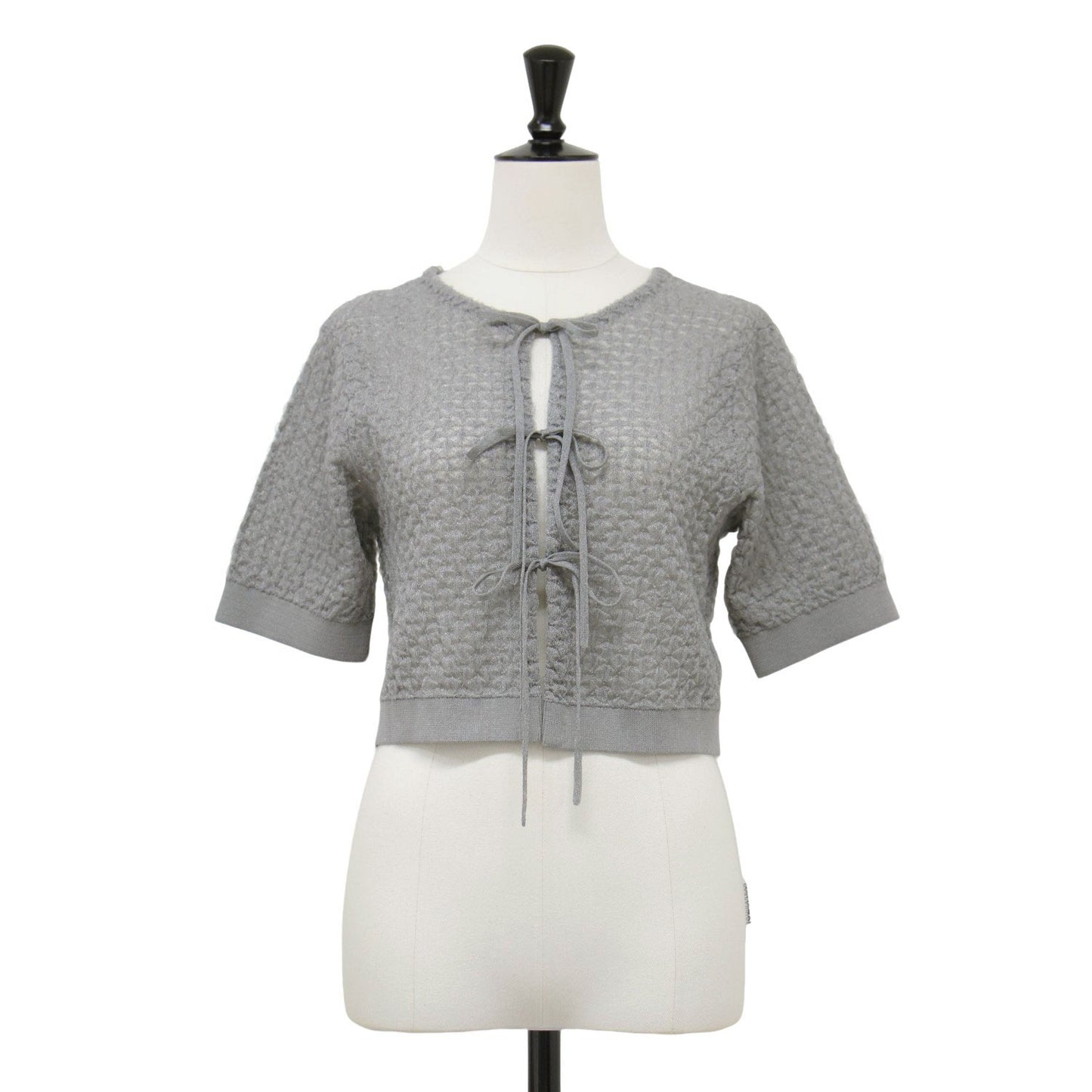 24春夏 ダブルジャガード ショートカーディガン / ニット 半袖 クルーネック リボン ラメ シアー