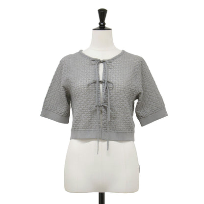 24春夏 ダブルジャガード ショートカーディガン / ニット 半袖 クルーネック リボン ラメ シアー