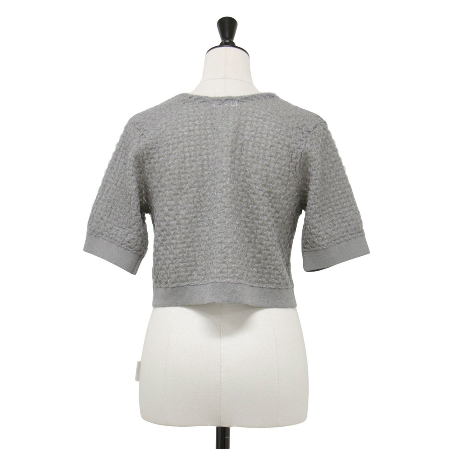 24春夏 ダブルジャガード ショートカーディガン / ニット 半袖 クルーネック リボン ラメ シアー