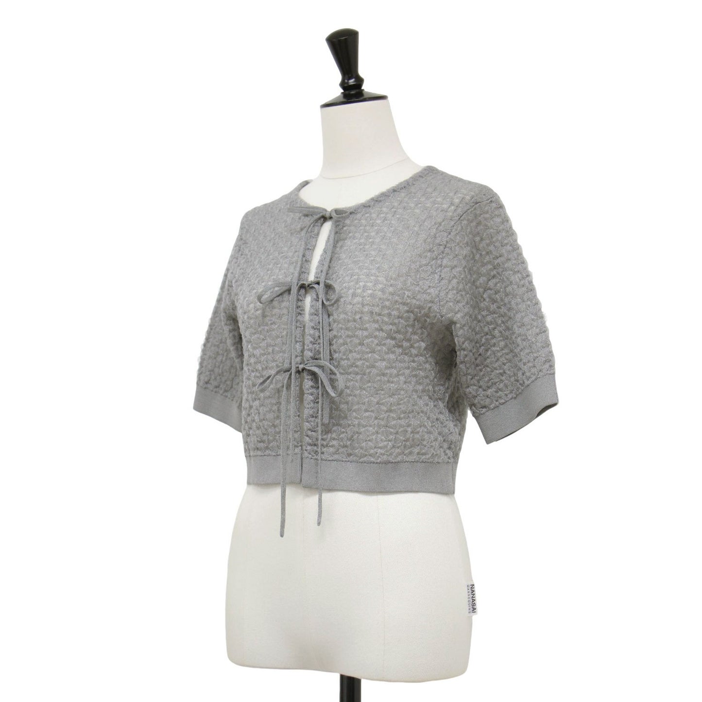 24春夏 ダブルジャガード ショートカーディガン / ニット 半袖 クルーネック リボン ラメ シアー