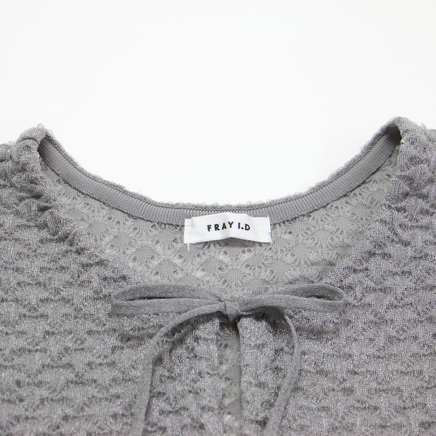 24春夏 ダブルジャガード ショートカーディガン / ニット 半袖 クルーネック リボン ラメ シアー