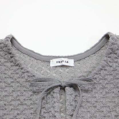 24春夏 ダブルジャガード ショートカーディガン / ニット 半袖 クルーネック リボン ラメ シアー