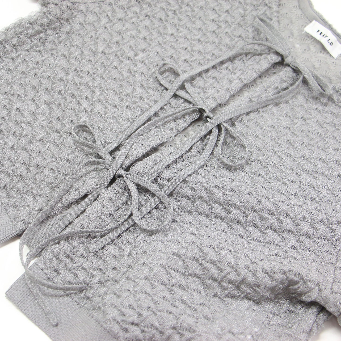 24春夏 ダブルジャガード ショートカーディガン / ニット 半袖 クルーネック リボン ラメ シアー