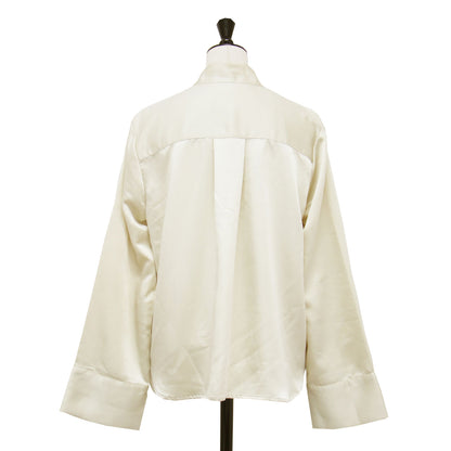 24秋冬 サテン ボウタイ ブラウス / プルオーバー 長袖 Vネック ワイドスリーブ スリット