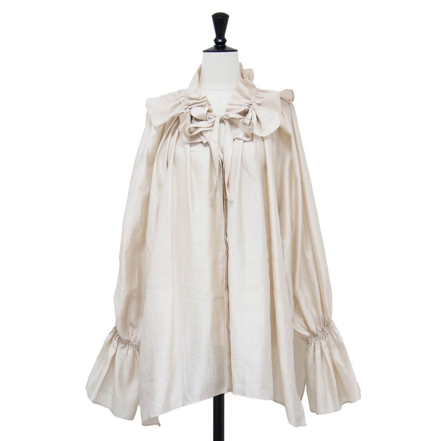 24春夏 ワッシャー サテン フリルカラー ブラウス / シャツ 長袖 ギャザースリーブ チュニック丈 スリット