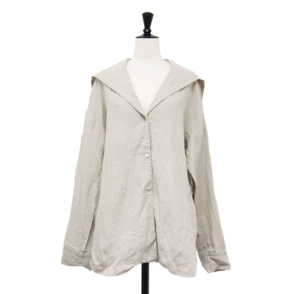 21春夏 セーラーカラーブラウス / シャツ 長袖 チュニック丈 Vネック スリット リネン