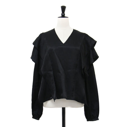 25春夏 シボサテン レイヤースリーブ ブラウス / プルオーバー 長袖 ボリュームスリーブ Vネック フリル