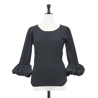 ギャザー ボリュームスリーブ コンパクト プルオーバー / PINCH SLEEVE KNIT TOP ニット 7分袖 Uネック ミラノリブ