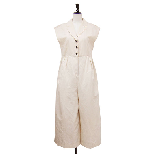 24春夏 リネン コットン ムーブ テーラーカラー オールインワン / サロペット フレンチスリーブ Vネック タック ワイドパンツ