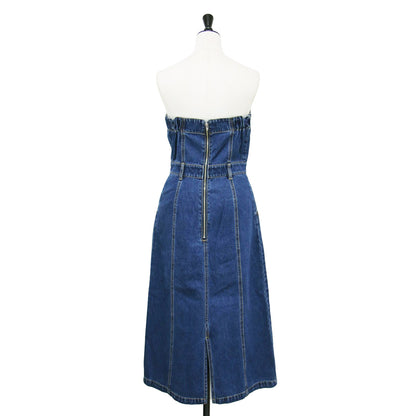 20春夏 デニム ベア ワンピース / ドレス ビスチェ ミモレ丈 タイト ギャザー コットン