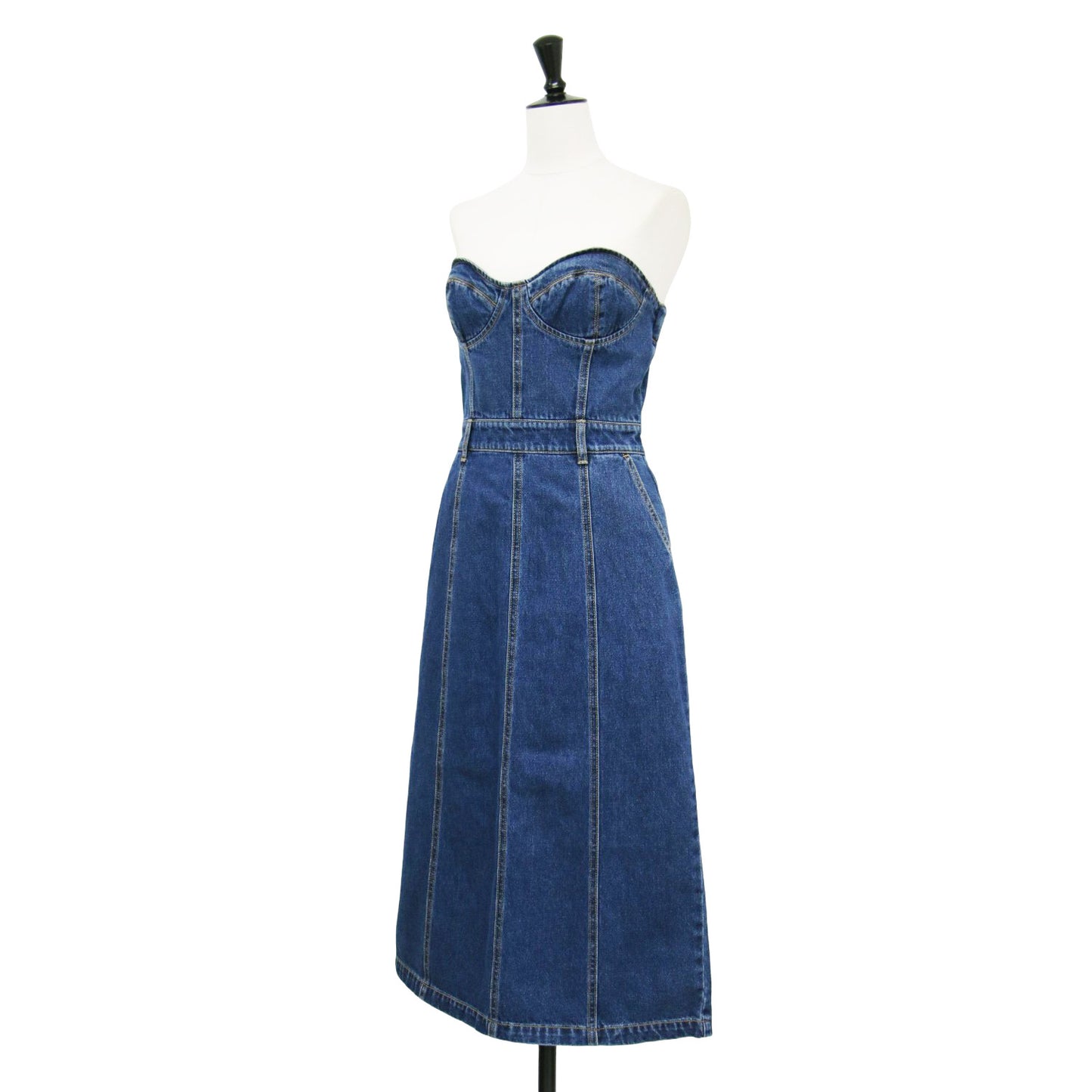 20春夏 デニム ベア ワンピース / ドレス ビスチェ ミモレ丈 タイト ギャザー コットン