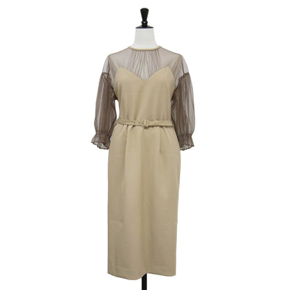 20春夏 ベルト付き エアリー チュールスリーブ タイトドレス / AIRY SLEEVE TIGHT DRESS ワンピース 5分袖 クルーネック シアー