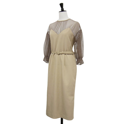 20春夏 ベルト付き エアリー チュールスリーブ タイトドレス / AIRY SLEEVE TIGHT DRESS ワンピース 5分袖 クルーネック シアー