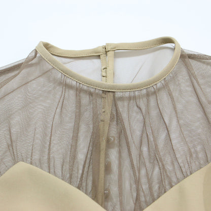 20春夏 ベルト付き エアリー チュールスリーブ タイトドレス / AIRY SLEEVE TIGHT DRESS ワンピース 5分袖 クルーネック シアー