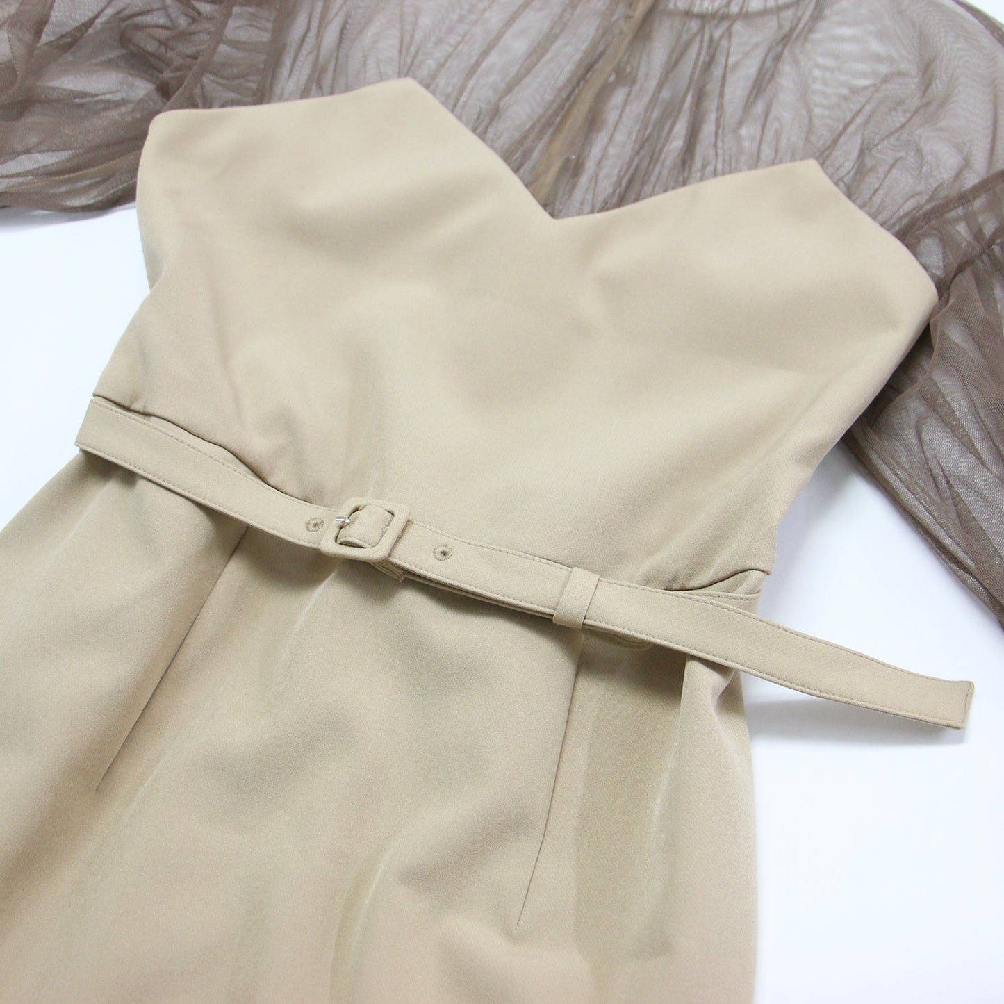 20春夏 ベルト付き エアリー チュールスリーブ タイトドレス / AIRY SLEEVE TIGHT DRESS ワンピース 5分袖 クルーネック シアー