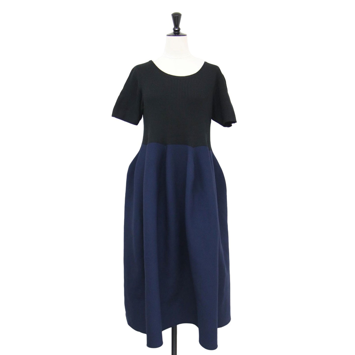 半袖 リブニット 切替 フレア ドレス / POTTERY CUPRO SHORT SLEEVE DRESS ワンピース クルーネック ロング丈