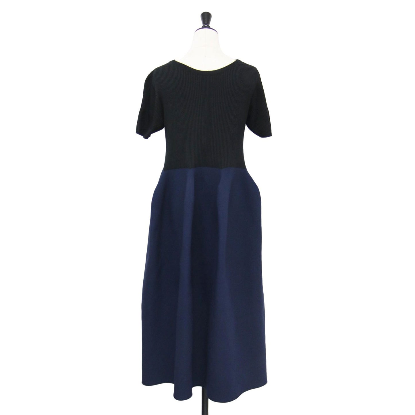 半袖 リブニット 切替 フレア ドレス / POTTERY CUPRO SHORT SLEEVE DRESS ワンピース クルーネック ロング丈