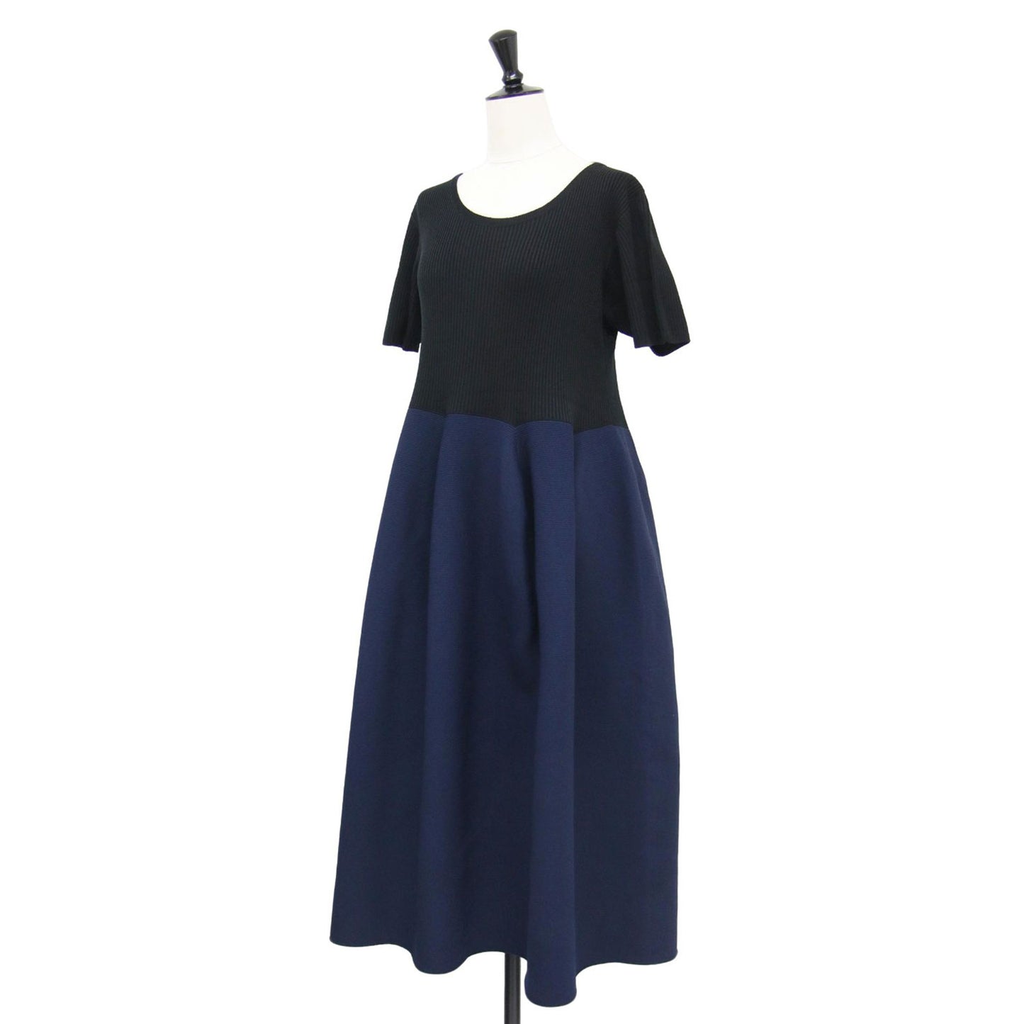 半袖 リブニット 切替 フレア ドレス / POTTERY CUPRO SHORT SLEEVE DRESS ワンピース クルーネック ロング丈