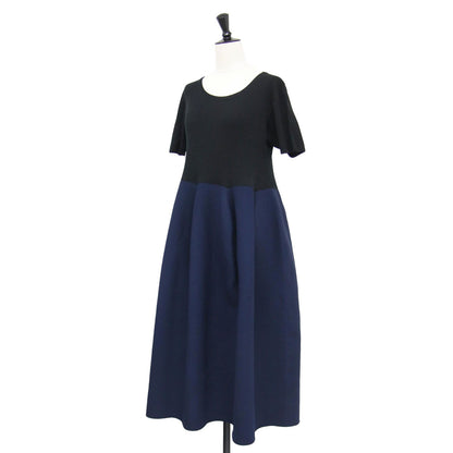 半袖 リブニット 切替 フレア ドレス / POTTERY CUPRO SHORT SLEEVE DRESS ワンピース クルーネック ロング丈