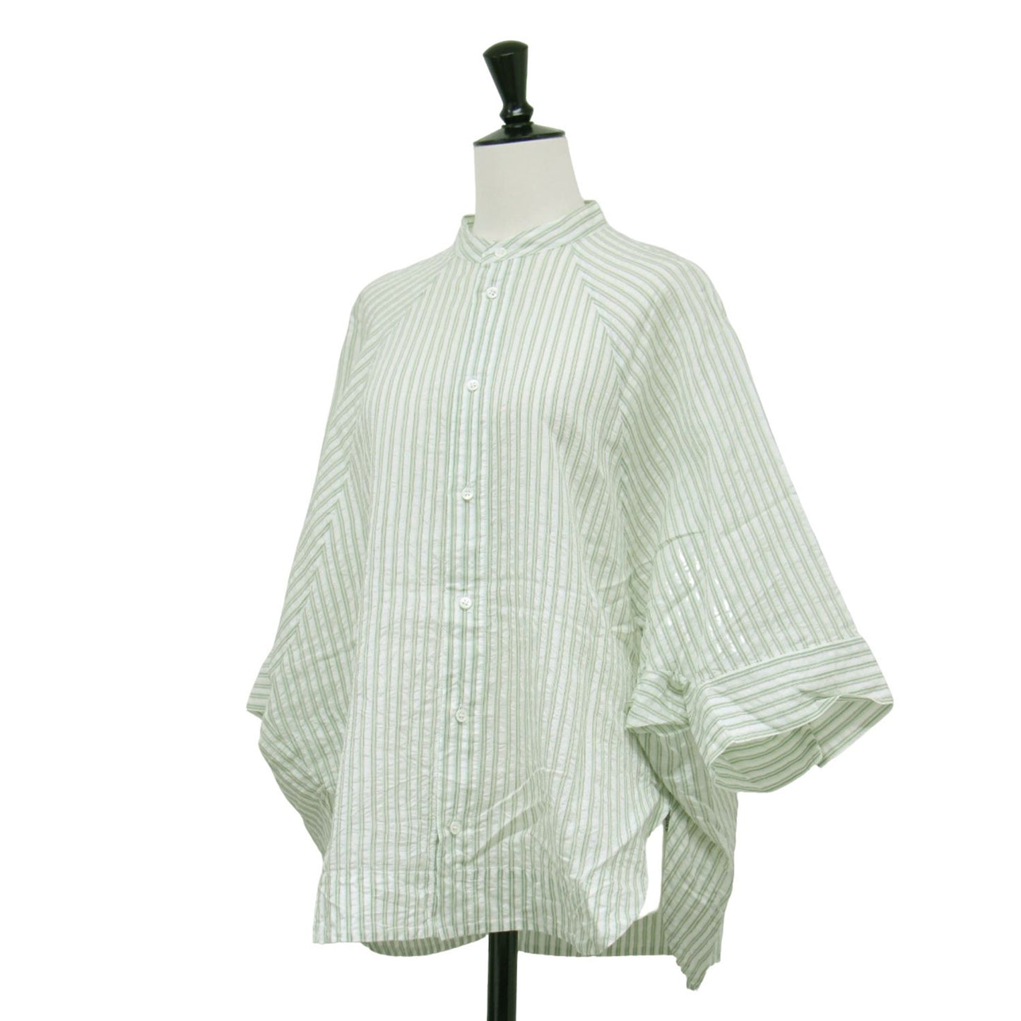 25秋冬 コットン シルク オーガンジー ワイドバランスシャツ / ブラウス 7分袖 ノーカラー ラグラン ワイド シアー