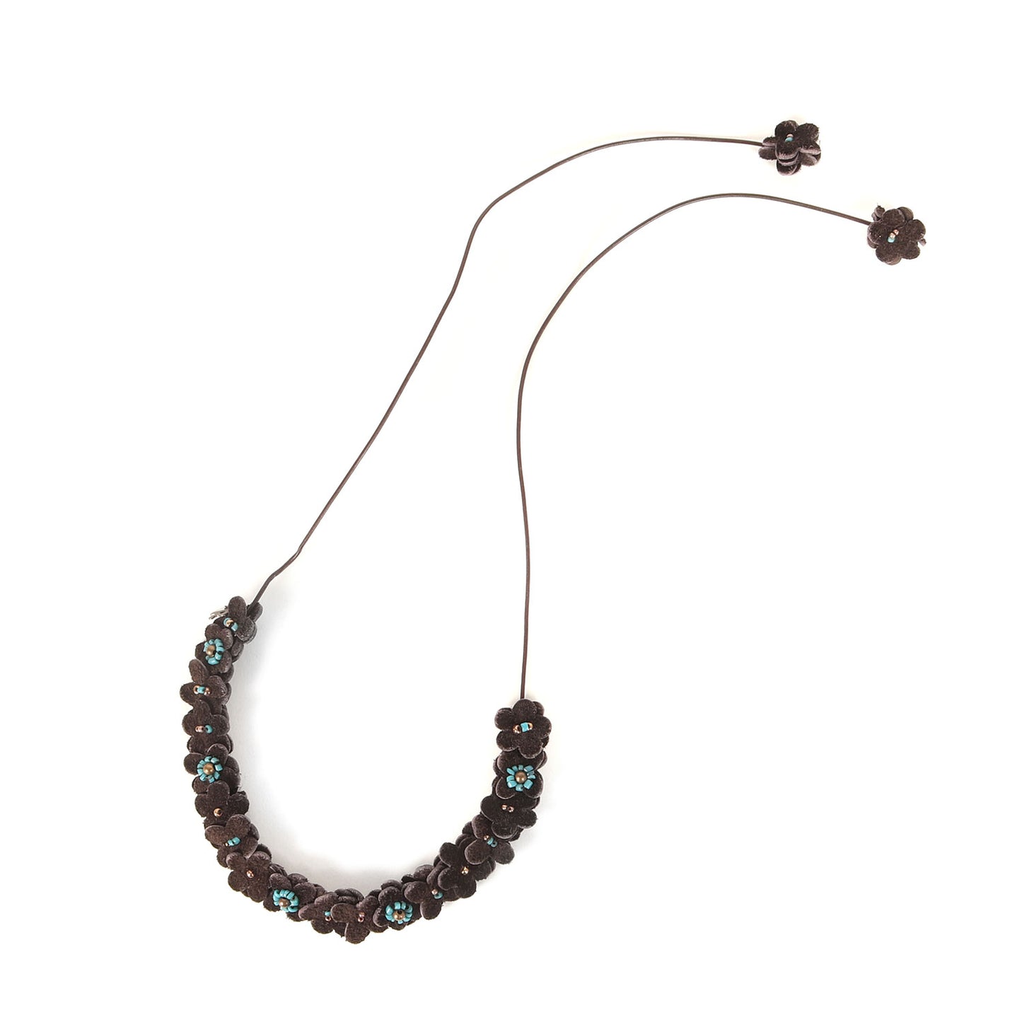 レザーの小花ネックレス / チョーカー リボン チャーム ビーズ