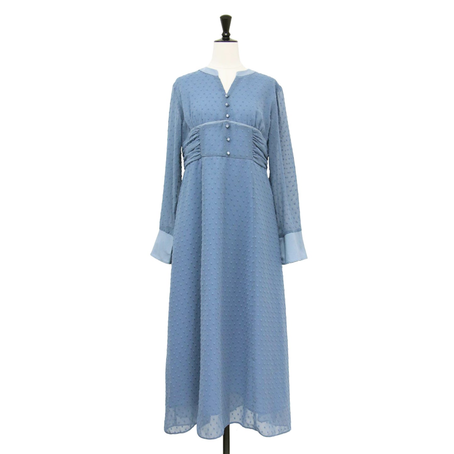 24秋冬 カット ドビー キーネック ワンピース / ドレス 長袖 ロング丈 フレア Aライン シアー